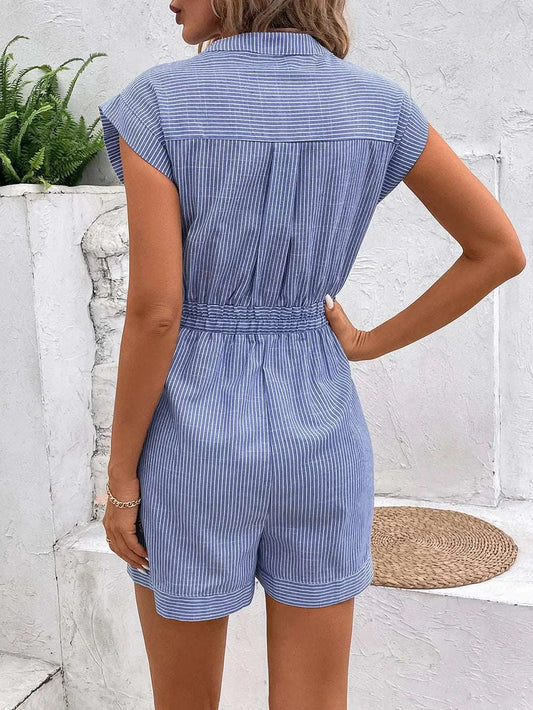 Back view of striped tie waist romper for women