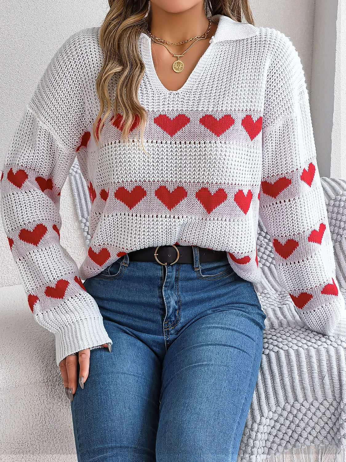 WestCloset Heart Johnny Collar Long Sleeve Sweater