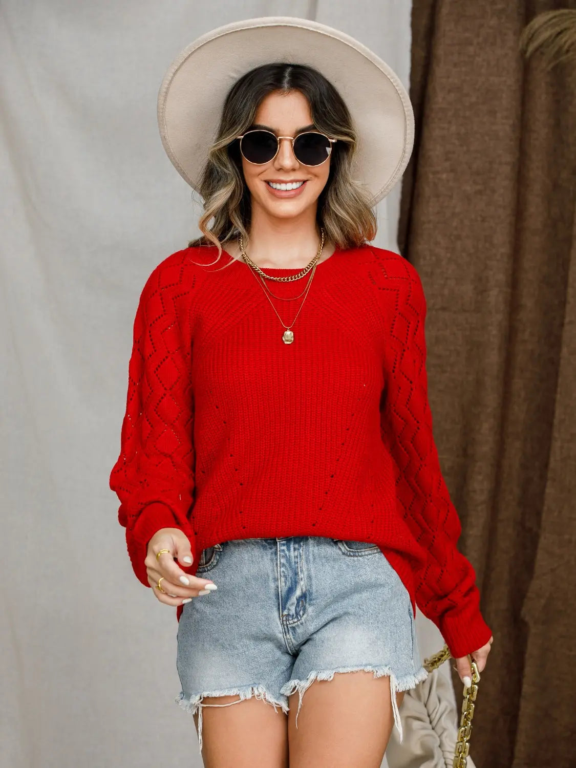 Openwork Round Neck Raglan Sleeve Sweater