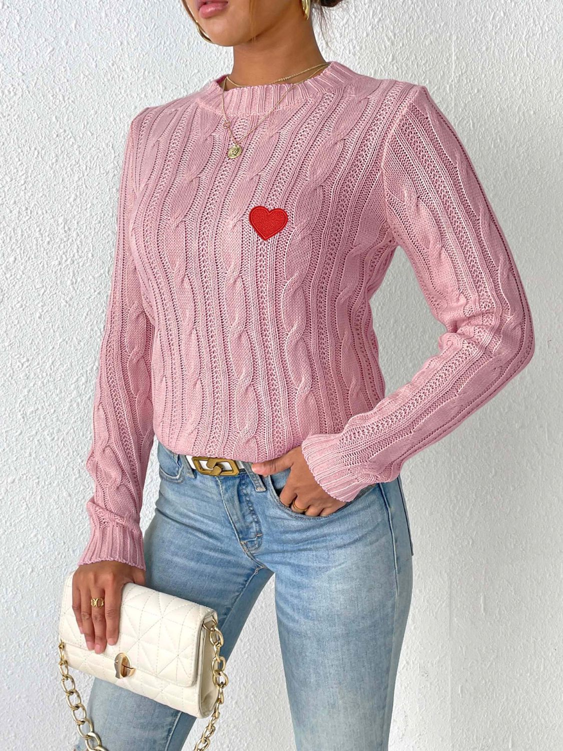 WestCloset Cable-Knit Heart Round Neck Long Sleeve Sweater