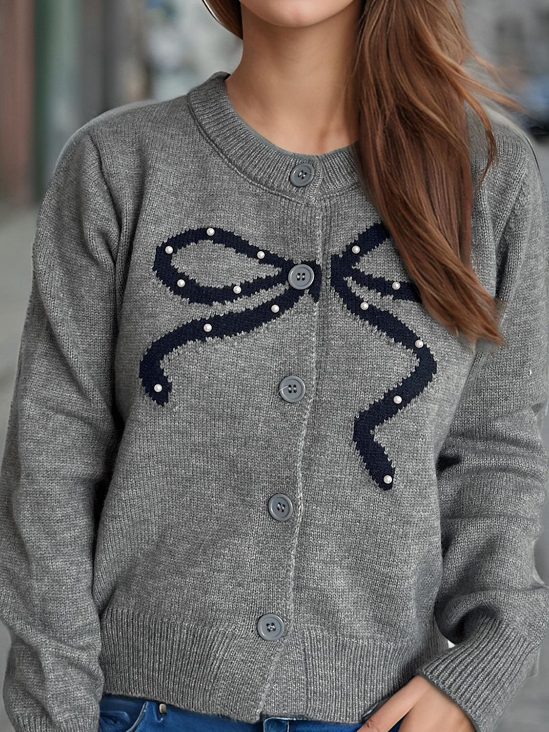 WestCloset Bow Button Down Round Neck Cardigan