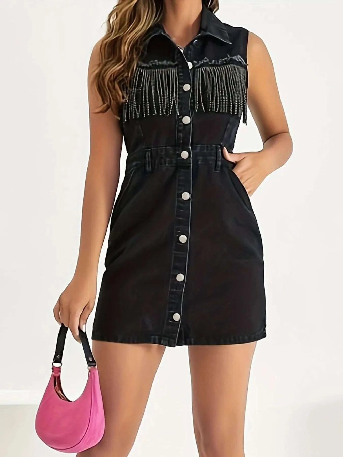Fringe Detail Button-Front Mini Dress WESTCLOSET