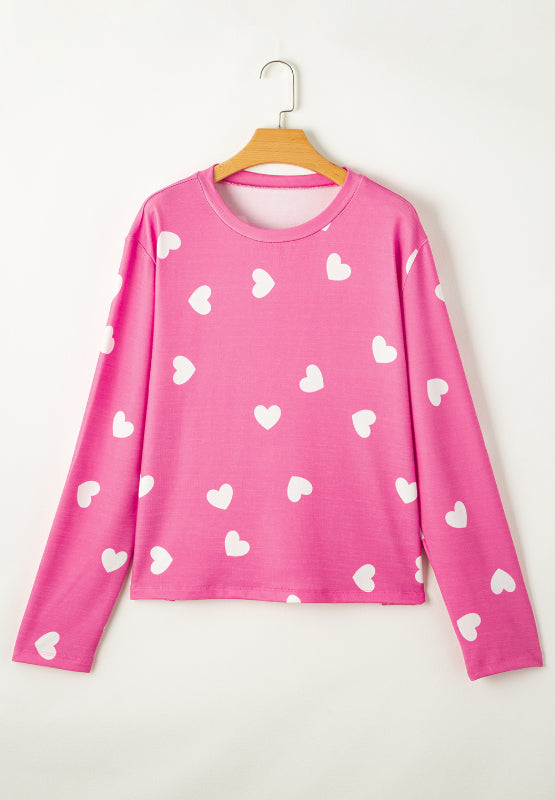 WestCloset Heart Round Neck Long Sleeve Top and Elastic Waist Shorts Set