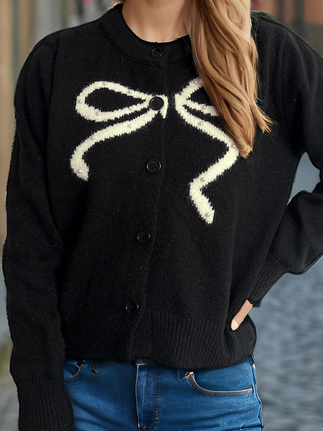 WestCloset Bow Button Down Round Neck Cardigan