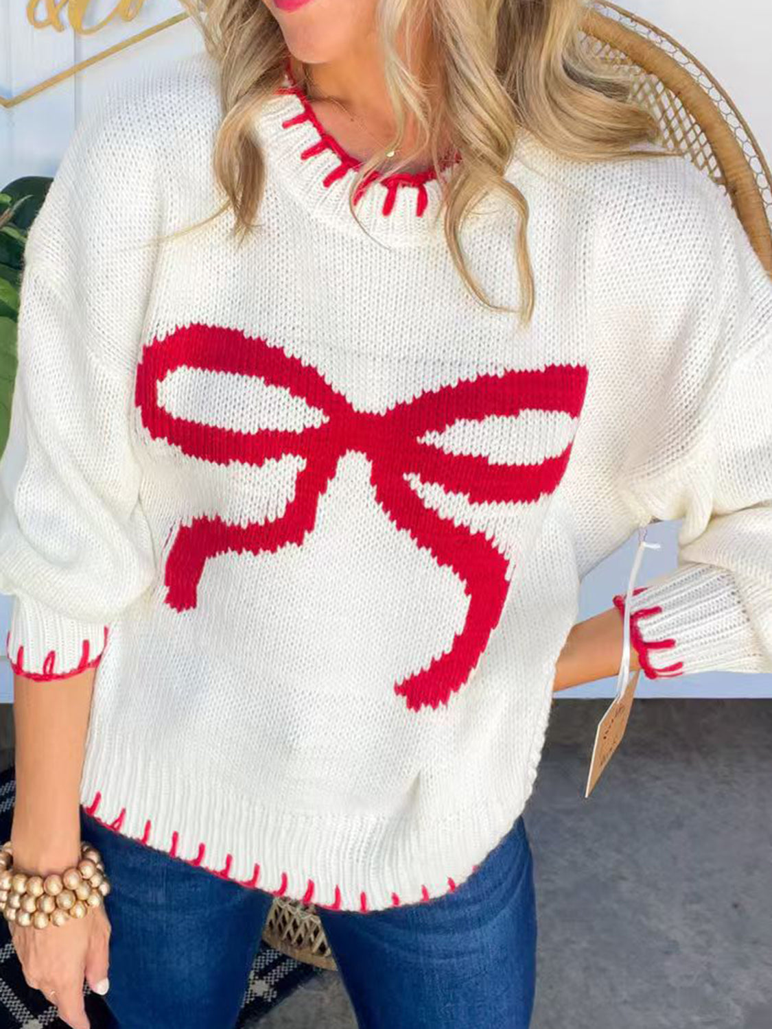 WestCloset Bow Round Neck Long Sleeve Sweater