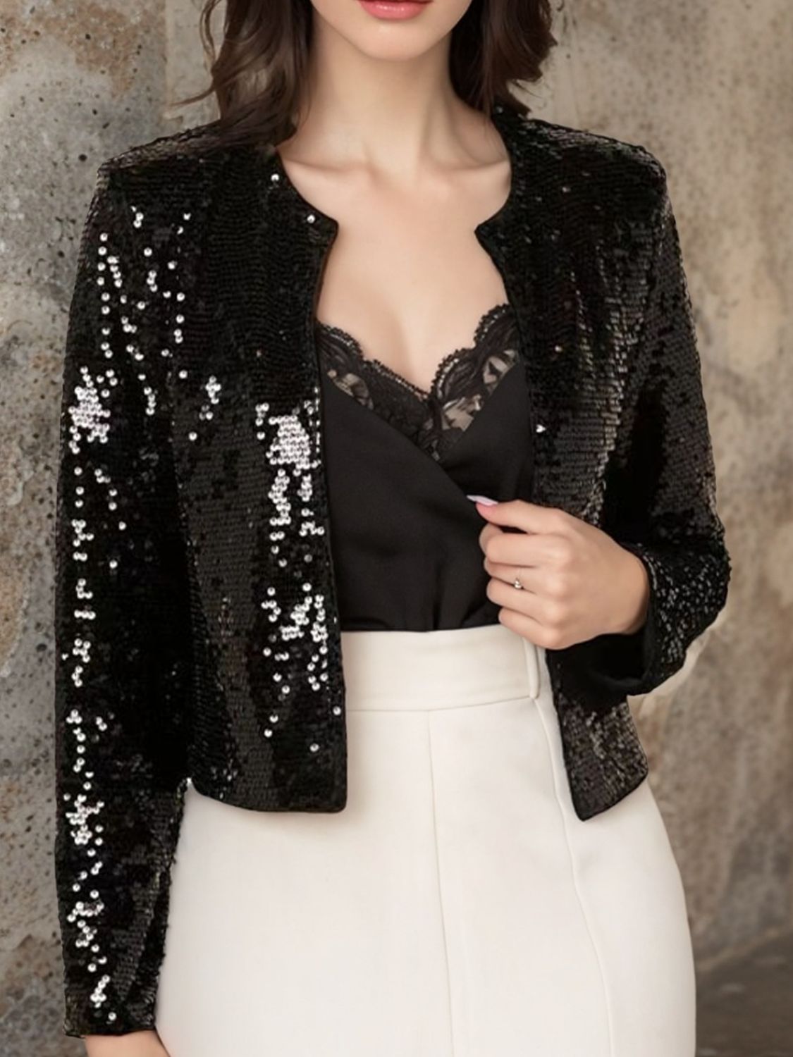 WestCloset Full Size Sequin Open Front Cropped Jacket