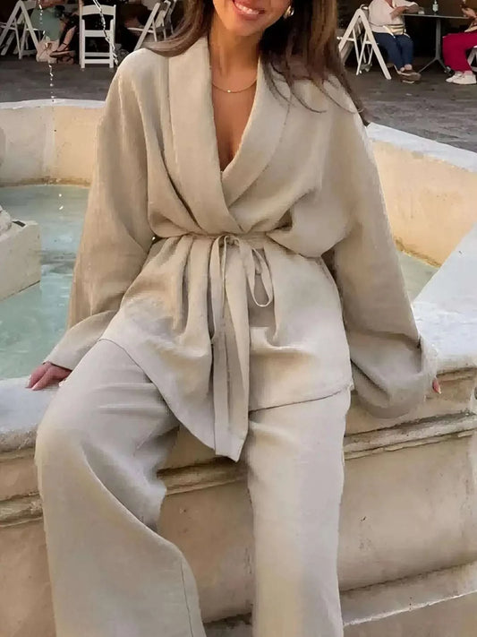 Plus Size Belt Long Sleeve Blazer and Pants Set WESTCLOSET