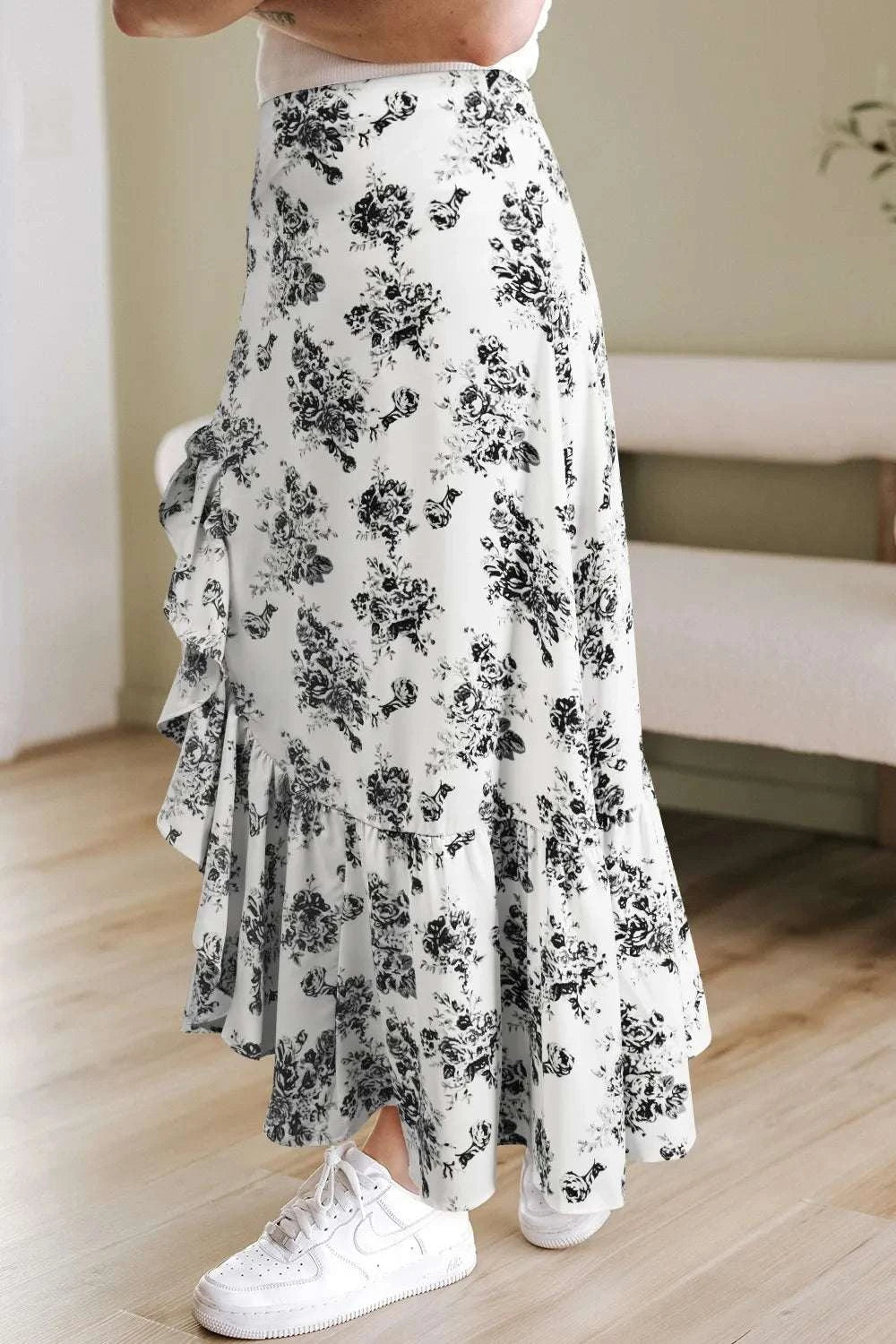 Boho Floral High Waist Ruffle Split Maxi Skirt WESTCLOSET