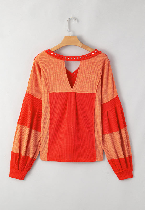 WestCloset Studded Waffle-Knit V-Neck Long Sleeve Top