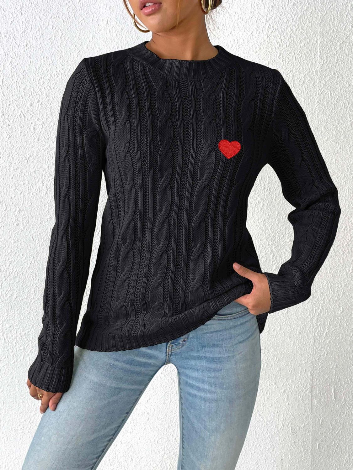 WestCloset Cable-Knit Heart Round Neck Long Sleeve Sweater