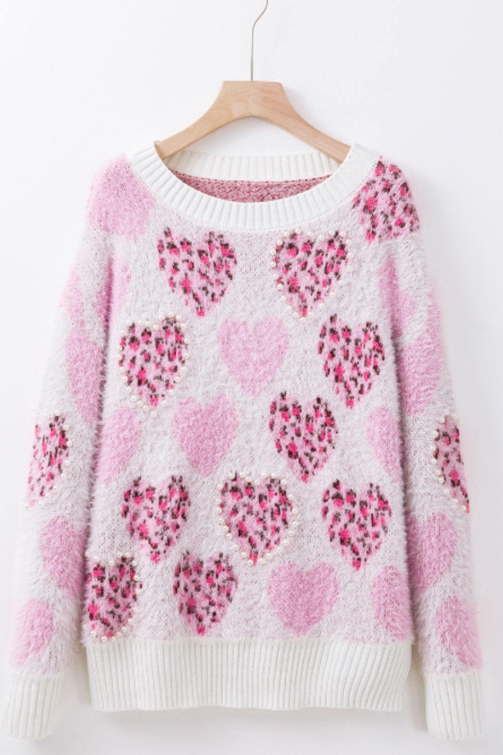 WestCloset Pearl Detail Heart Round Neck Sweater