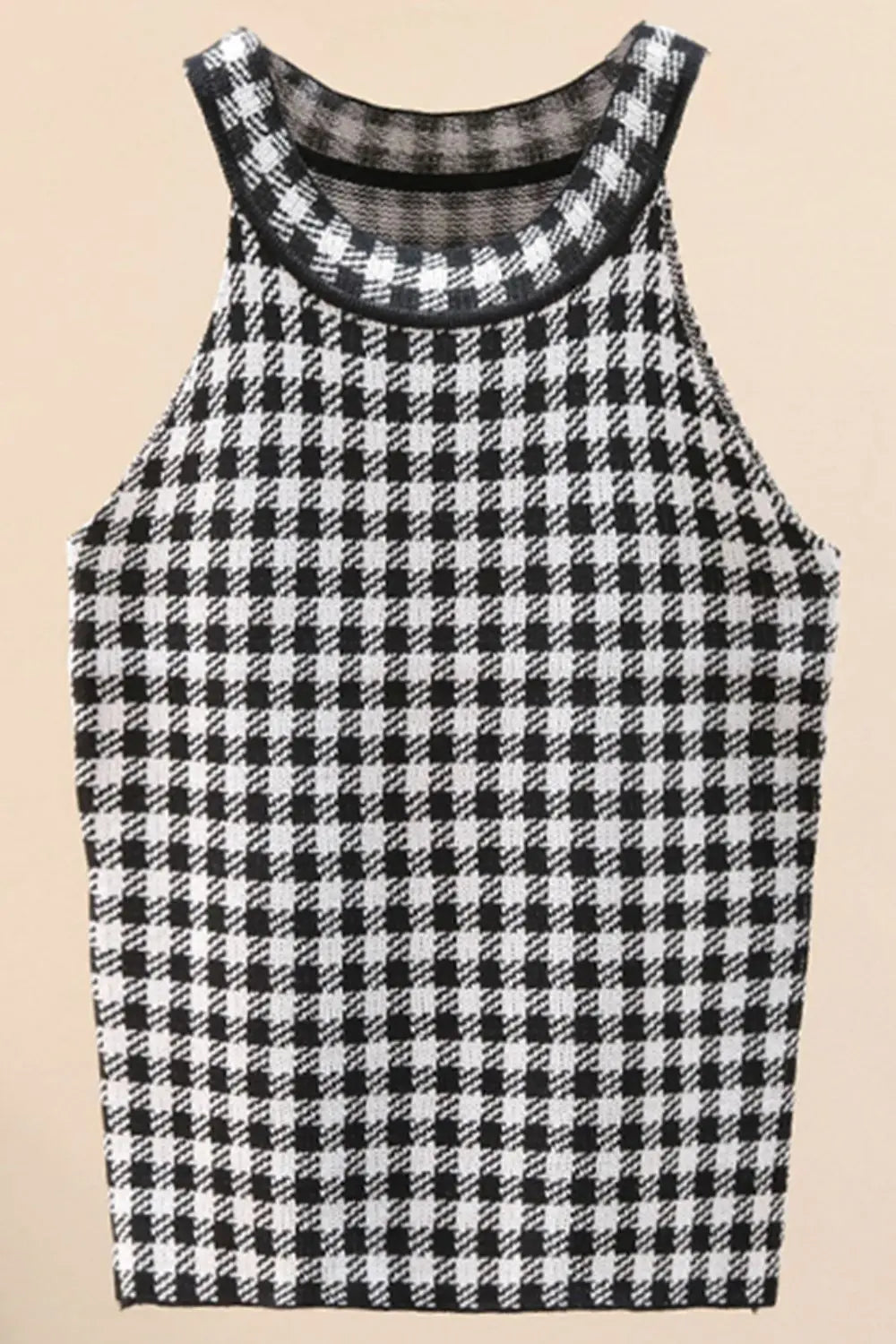Plaid Round Neck Sleeveless Knit Top