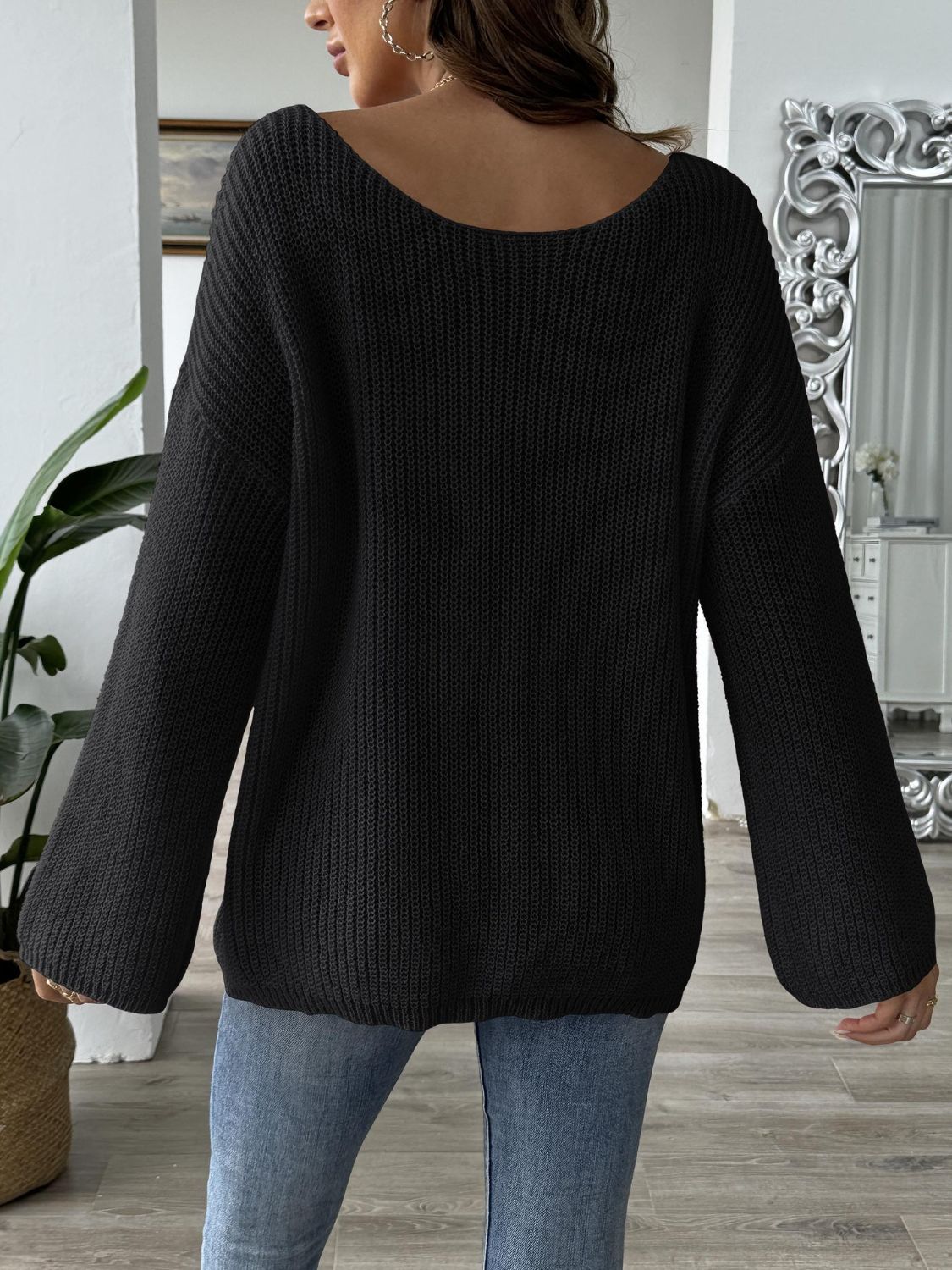 WestCloset Bow Boat Neck Long Sleeve Sweater