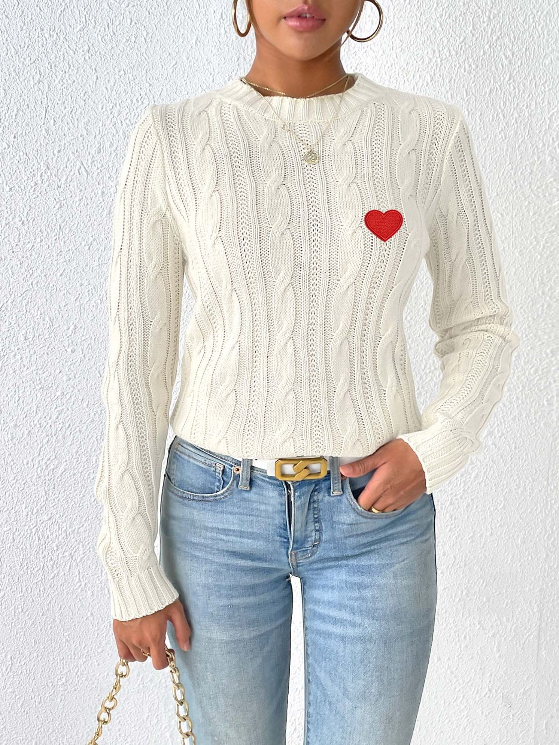 WestCloset Cable-Knit Heart Round Neck Long Sleeve Sweater