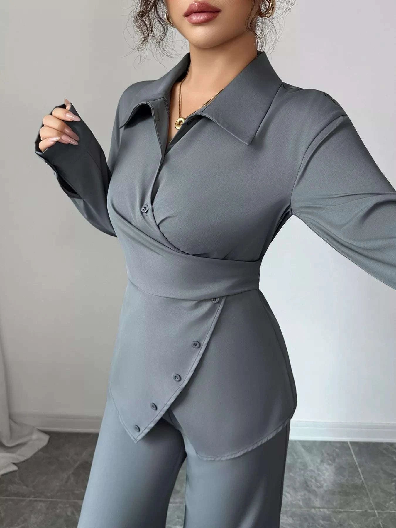 Back Tie Wrap Blazer and Wide Leg Pants Set WESTCLOSET