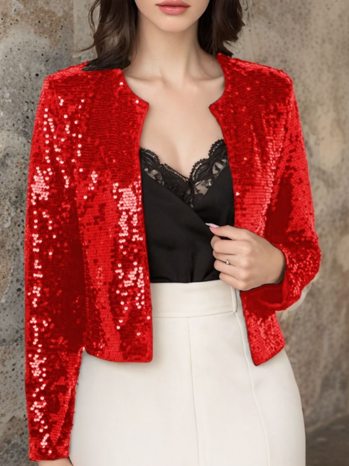 WestCloset Full Size Sequin Open Front Cropped Jacket