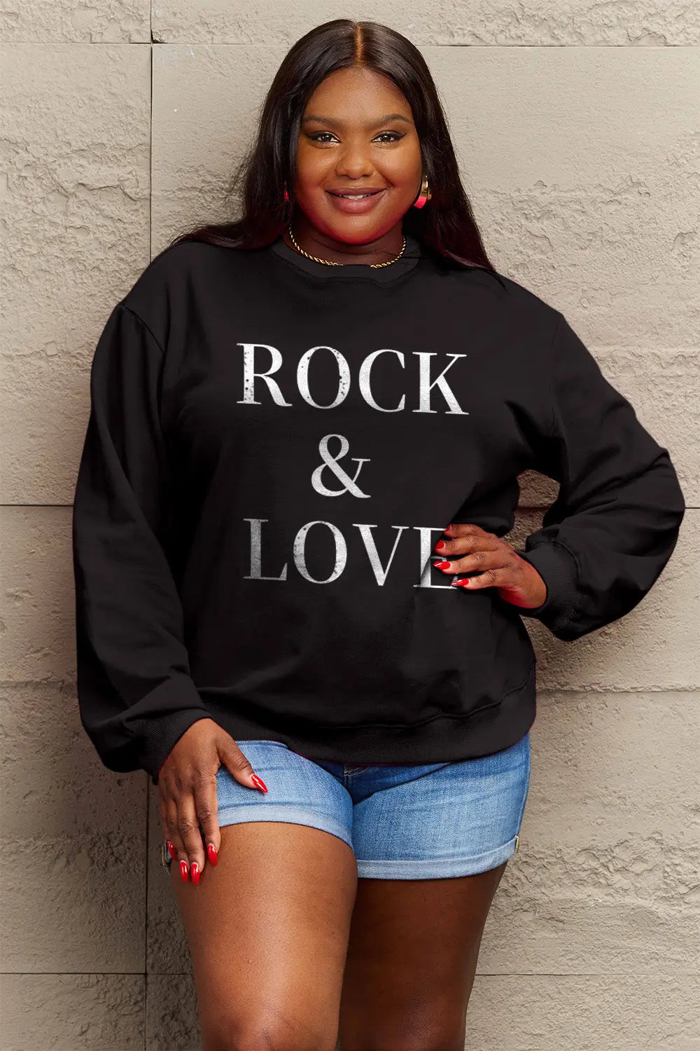 Simply Love Full Size ROCK & LOVE Round Neck Sweatshirt