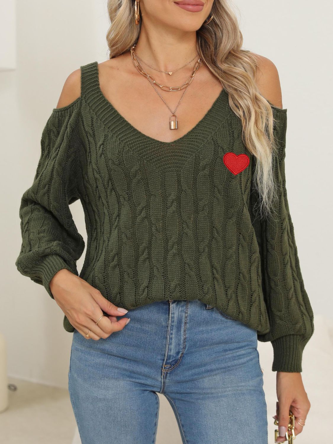 WestCloset Cable-Knit Heart V-Neck Sweater