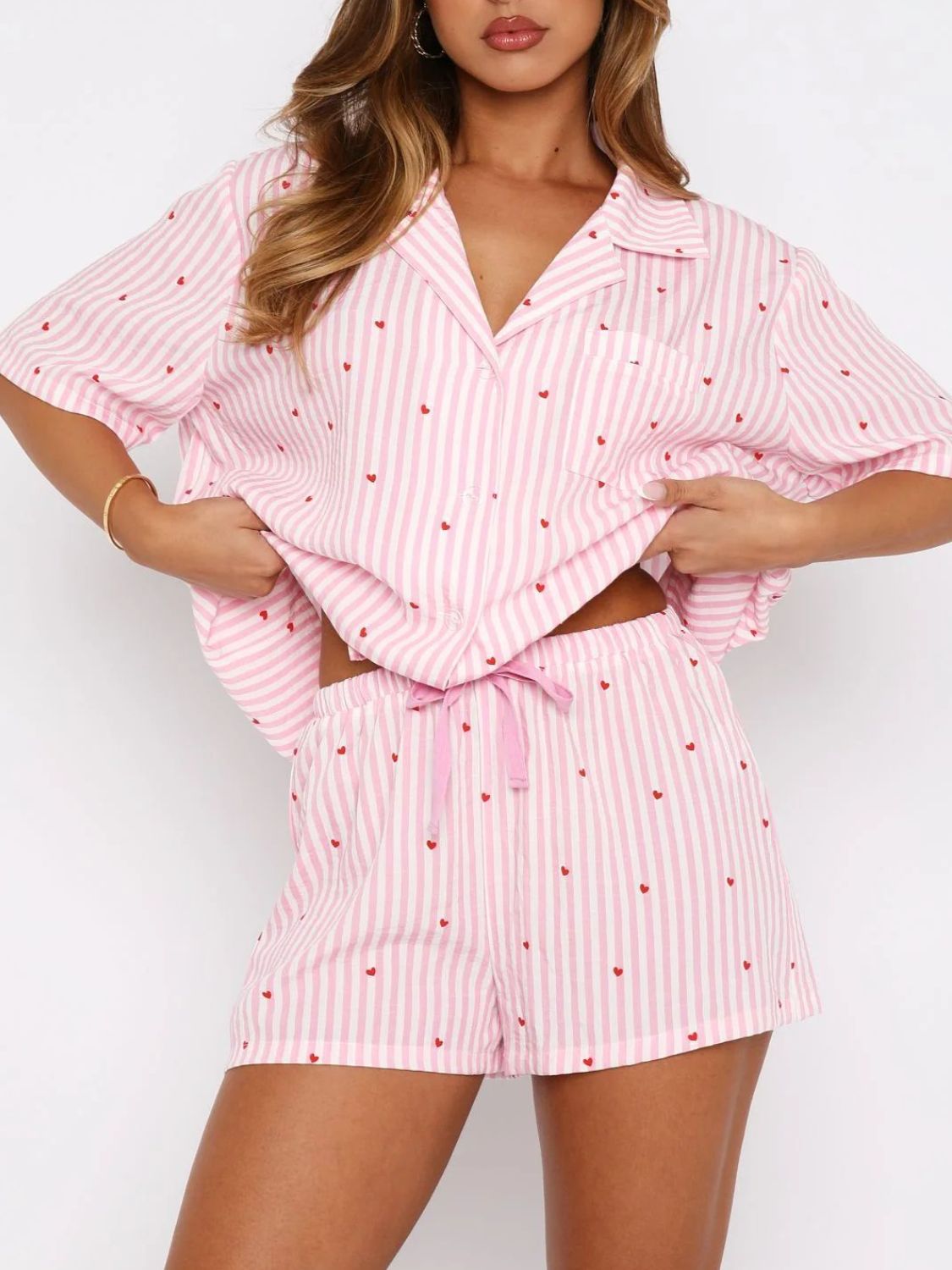 WestCloset Valentine's Day Printed Collared Neck Short Sleeve Top and Shorts Set