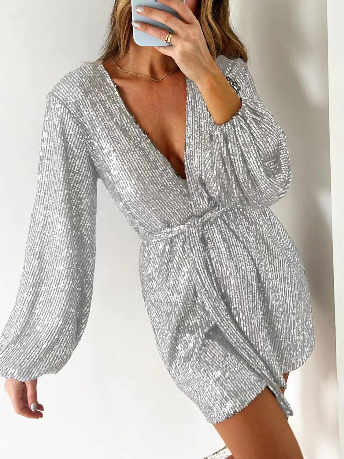 WestCloset Full Size Sequin Surplice Tie Waist Long Sleeve Romper