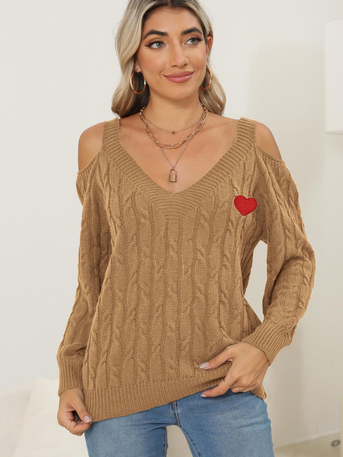 WestCloset Cable-Knit Heart V-Neck Sweater
