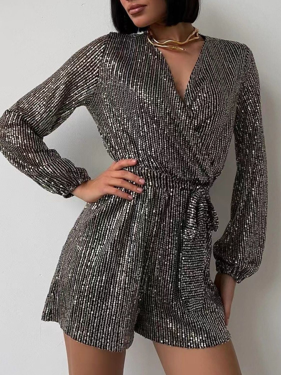 WestCloset Full Size Sequin Surplice Tie Waist Long Sleeve Romper