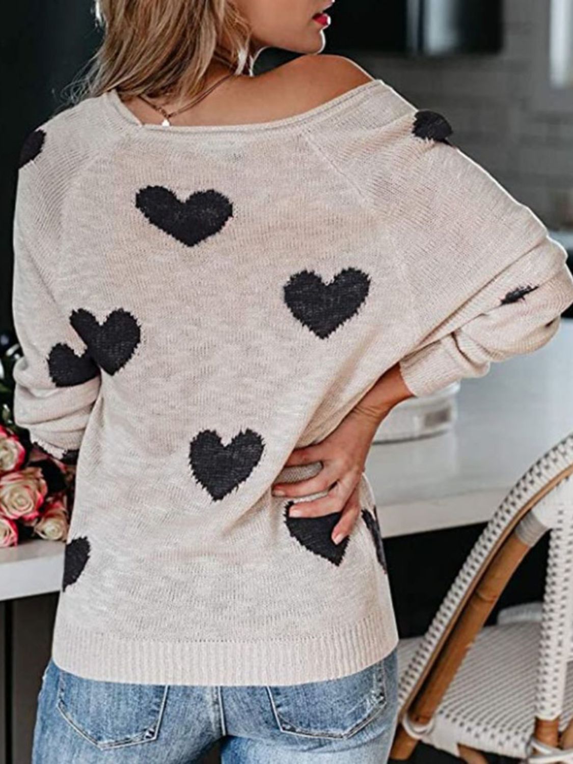 WestCloset Heart Scoop Neck Long Sleeve Sweater