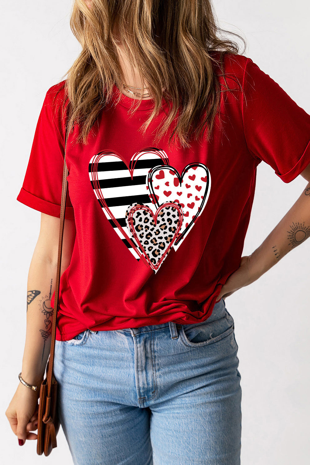 WestCloset Heart Round Neck Short Sleeve T-Shirt