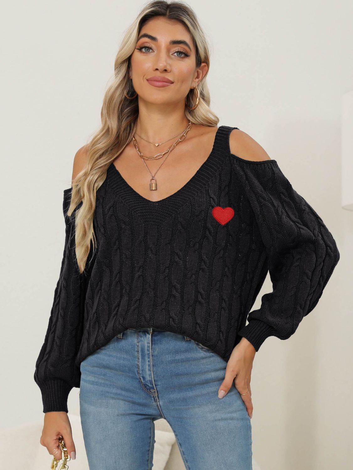 WestCloset Cable-Knit Heart V-Neck Sweater