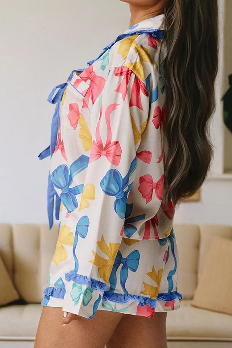 WestCloset Bow Print Collared Neck Top and Shorts Lounge Set