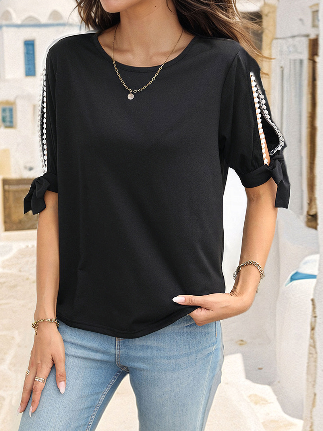 Round Neck Split Sleeve Blouse