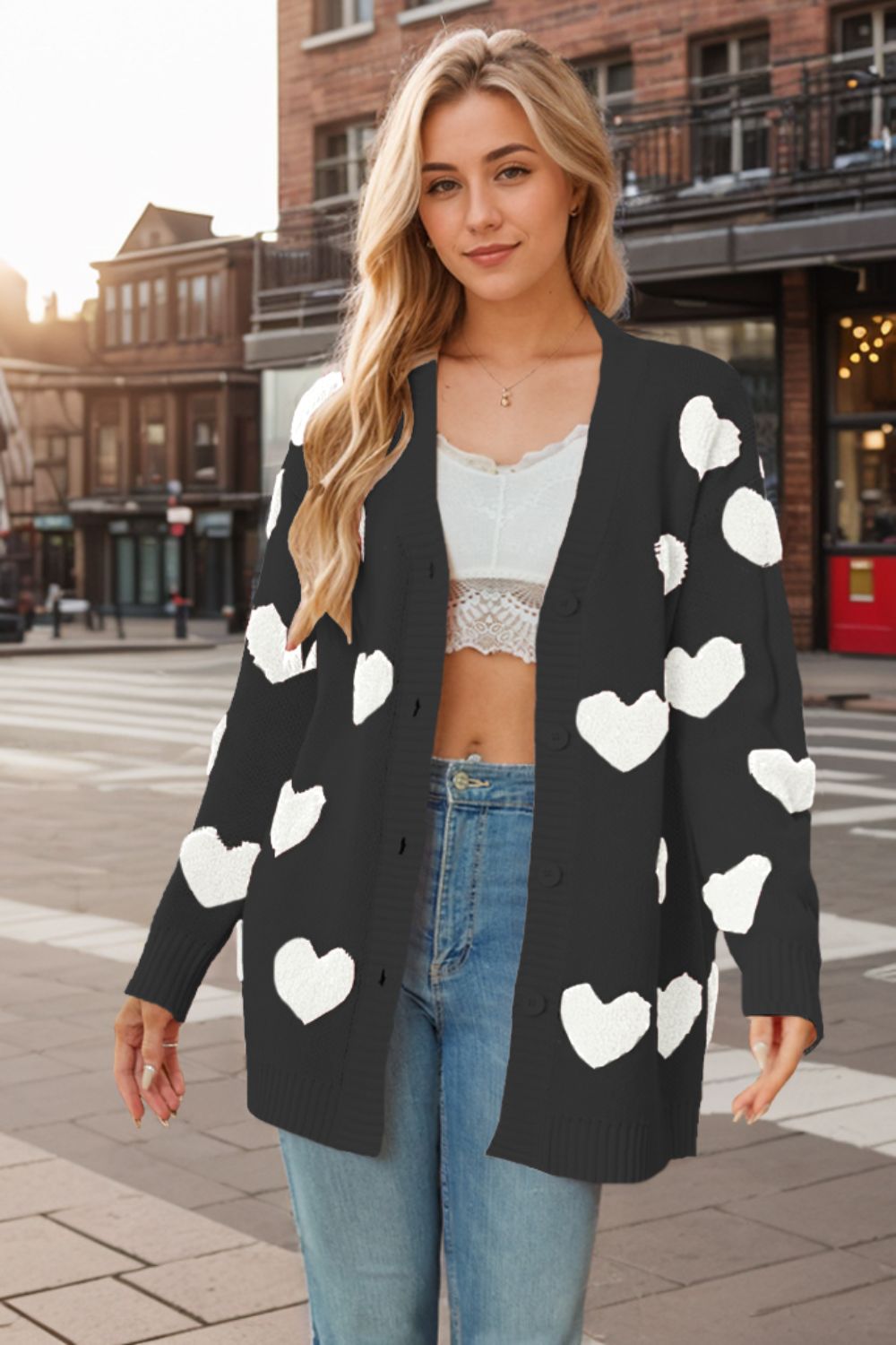 WestCloset Heart Button Down Long Sleeve Cardigan