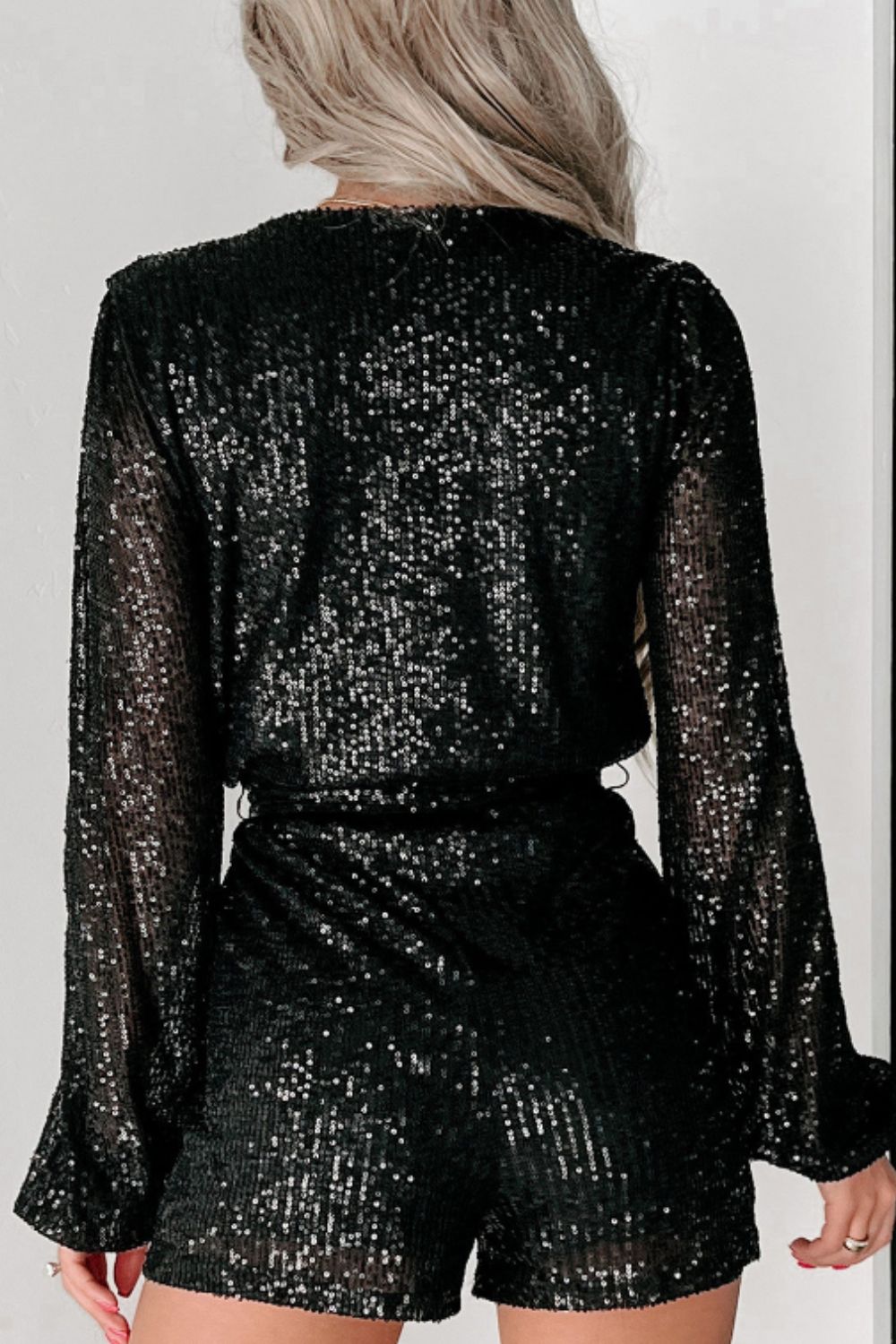 WestCloset Sequin Surplice Long Sleeve Romper