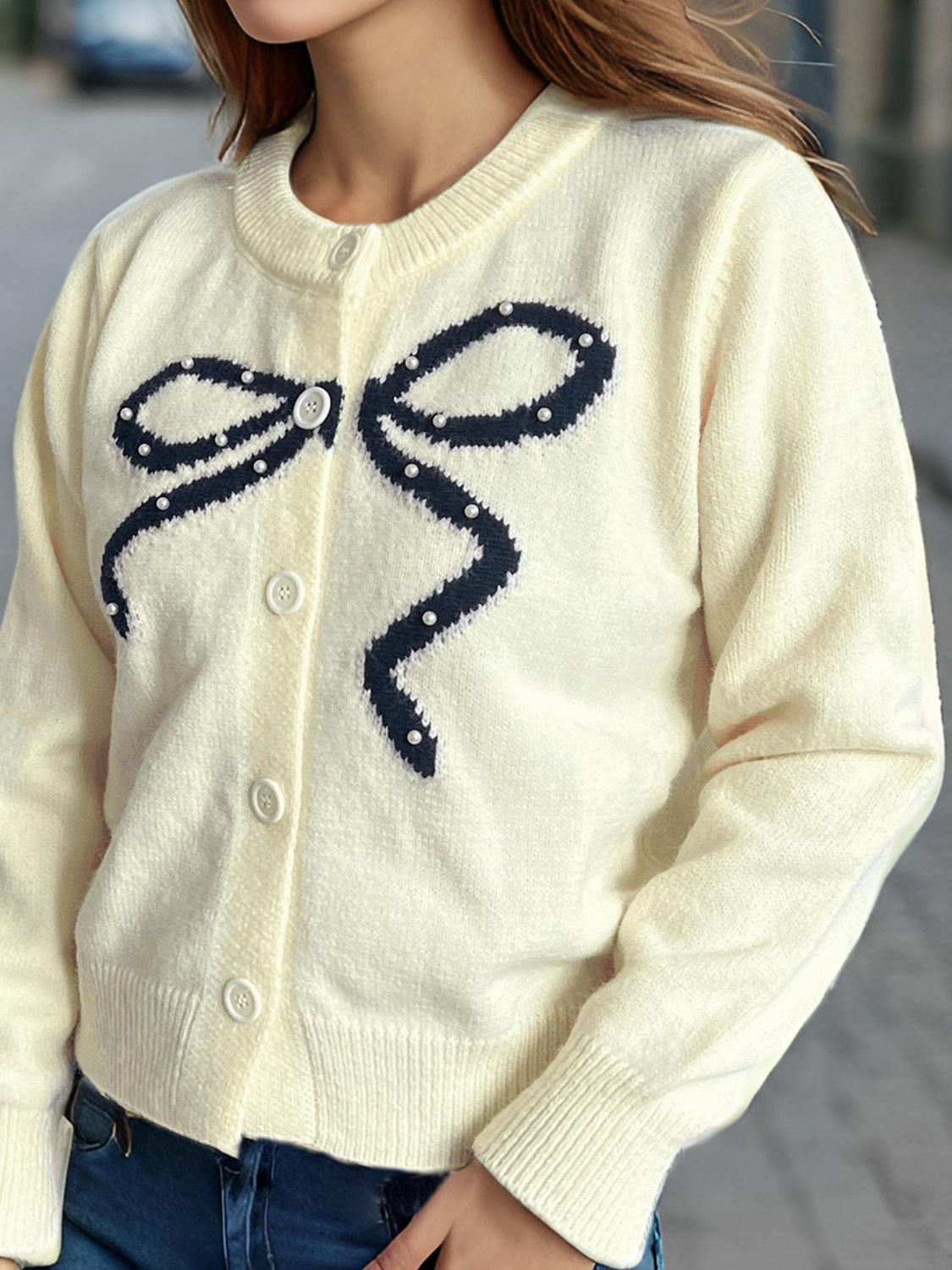 WestCloset Bow Button Down Round Neck Cardigan