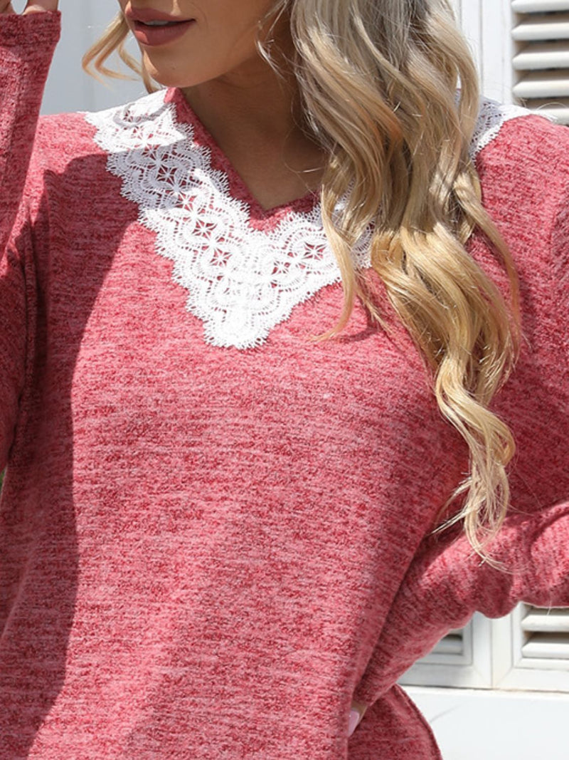 WestCloset Lace Detail V-Neck Long Sleeve T-Shirt