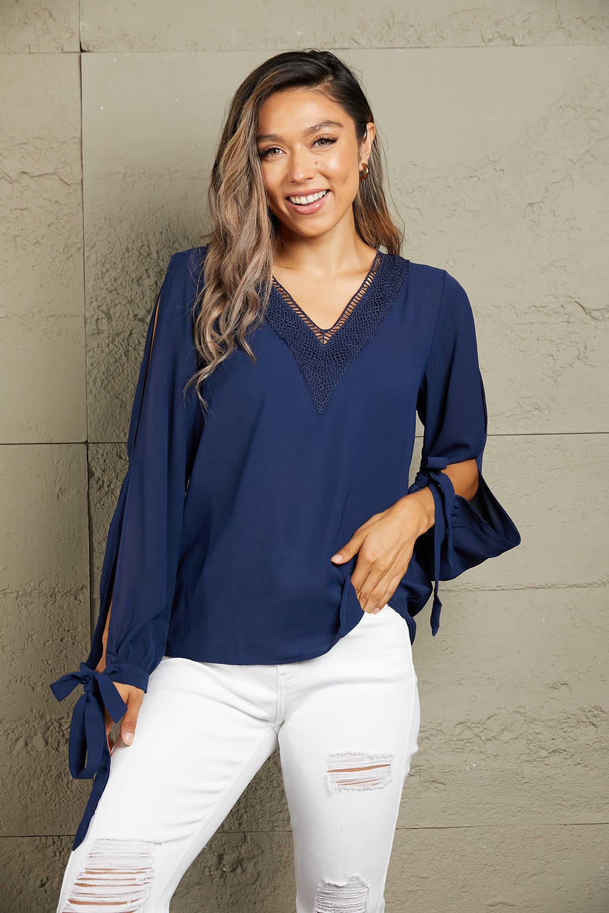 V-Neck Tie Cuff Slit Blouse