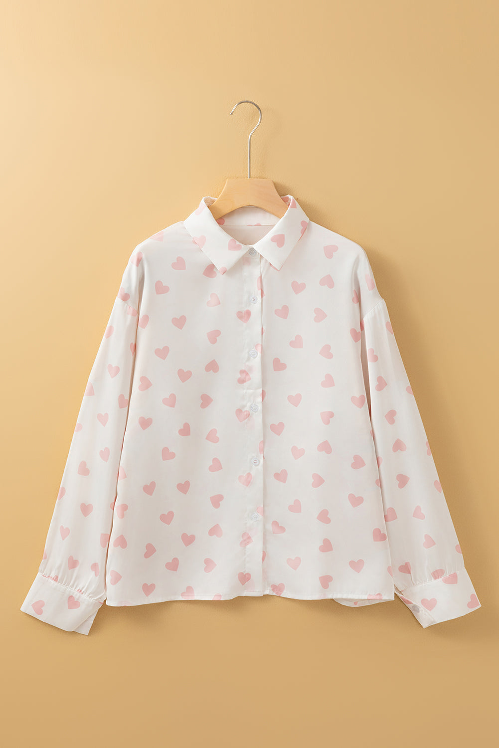 WestCloset Heart Print Collared Neck Long Sleeve Shirt