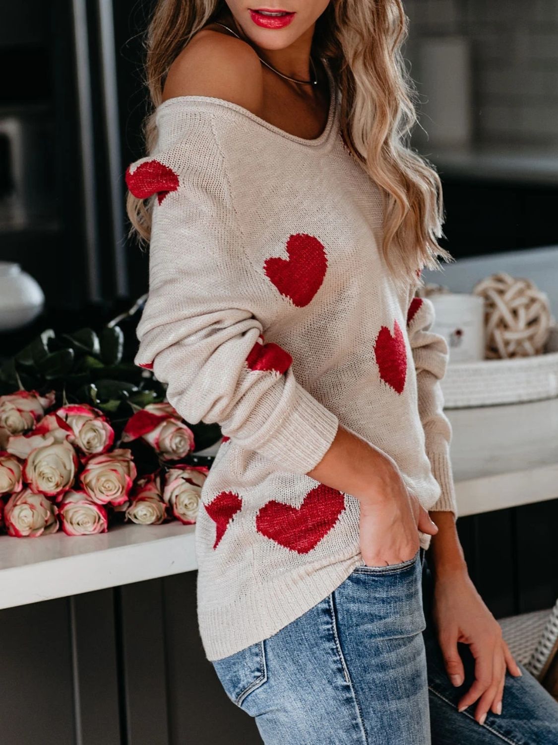 WestCloset Heart Scoop Neck Long Sleeve Sweater