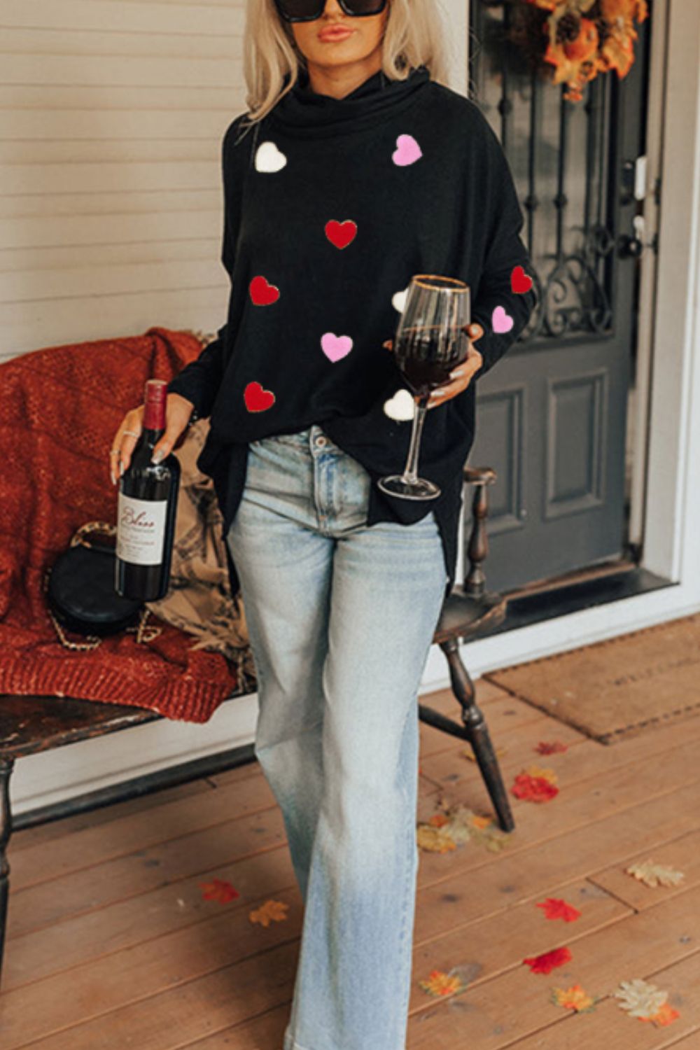 WestCloset Valentine’s Day Heart Patched Turtleneck Long Sleeve Top