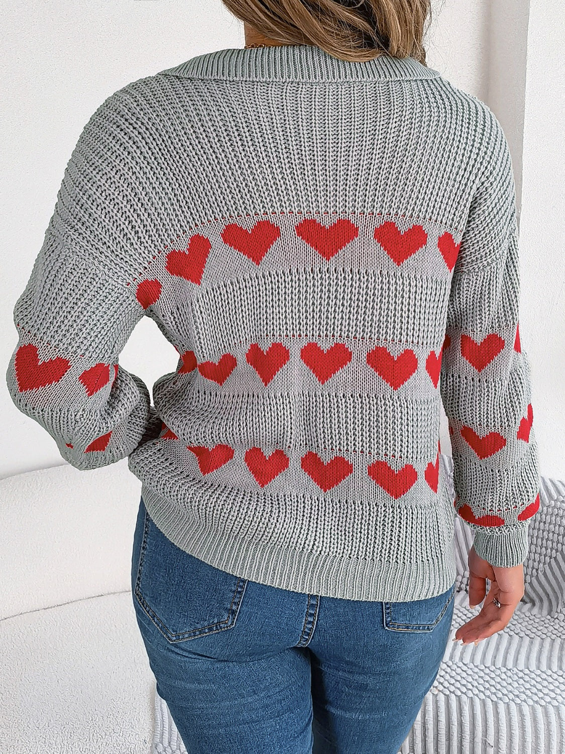 WestCloset Heart Johnny Collar Long Sleeve Sweater
