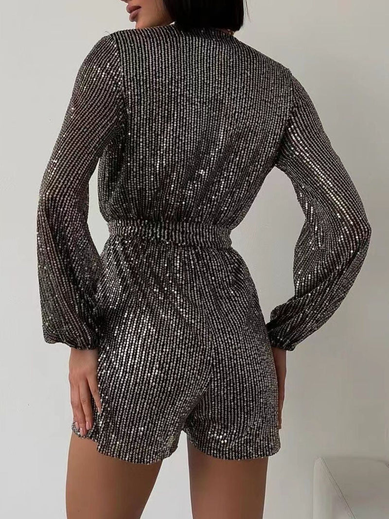WestCloset Full Size Sequin Surplice Tie Waist Long Sleeve Romper