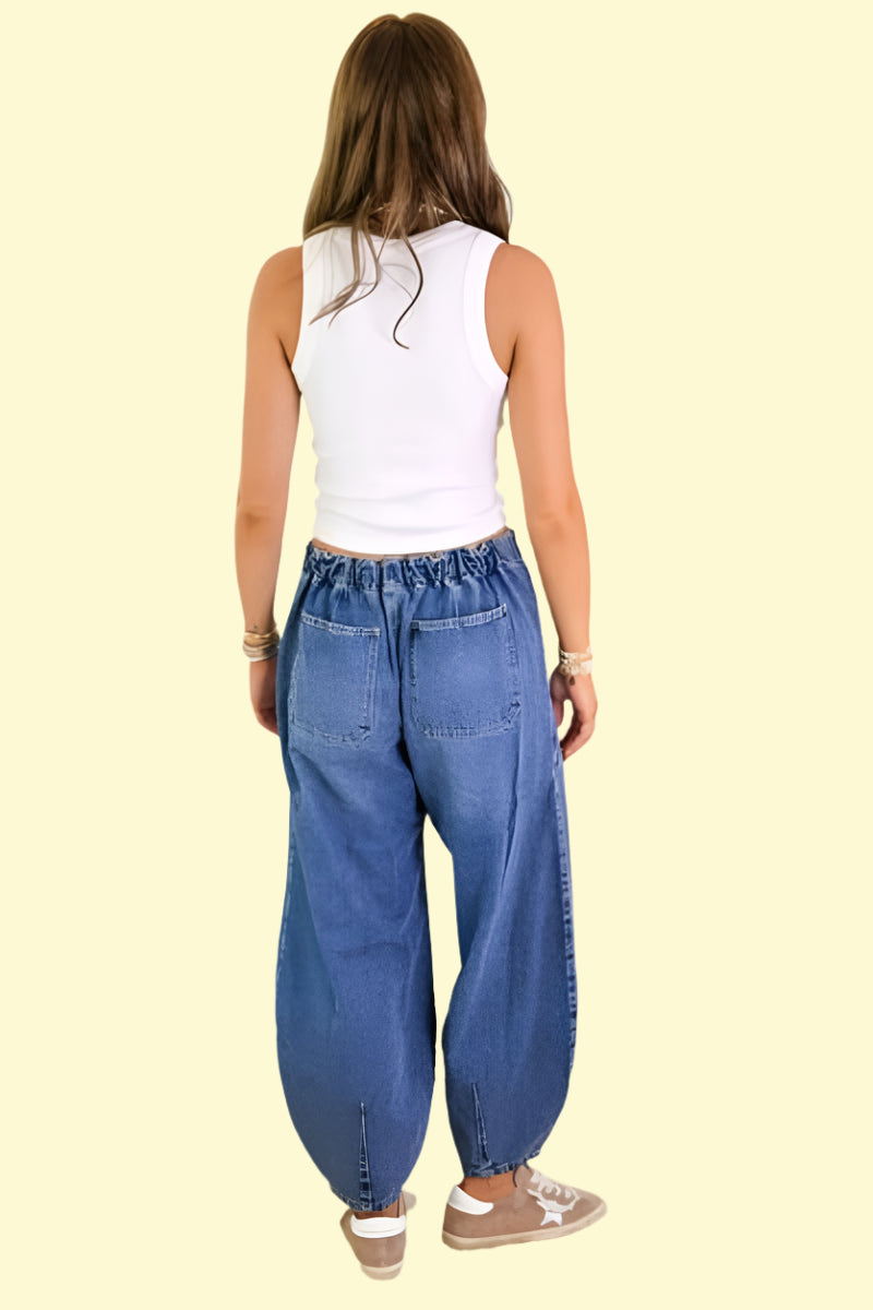 Adjustable drawstring waist denim pants for women