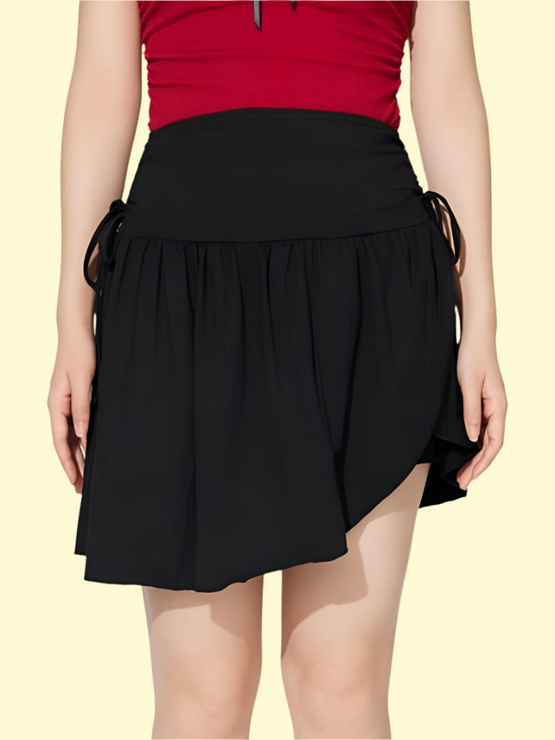 Asymmetric hem black mini skirt with side tie