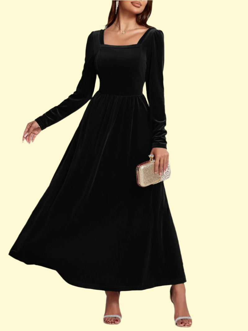 Black Velvet Square Neck Midi Dress with Long Sleeves