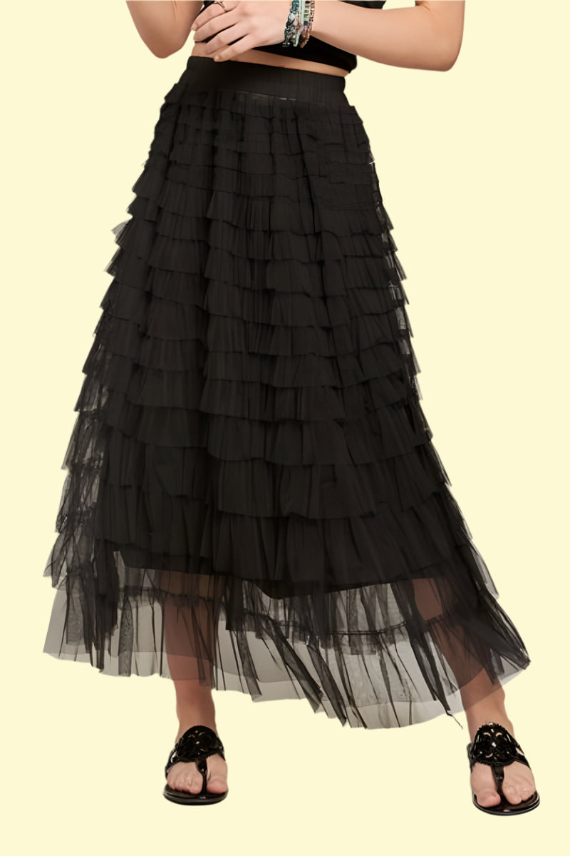 Black layered mesh midi skirt for women
