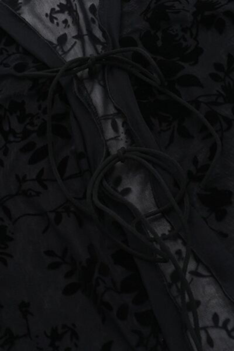 Black long sleeve blouse with lace & tie details