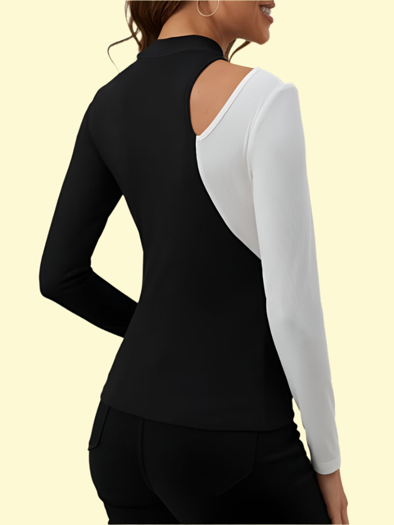 Black mock neck tee with cutout details