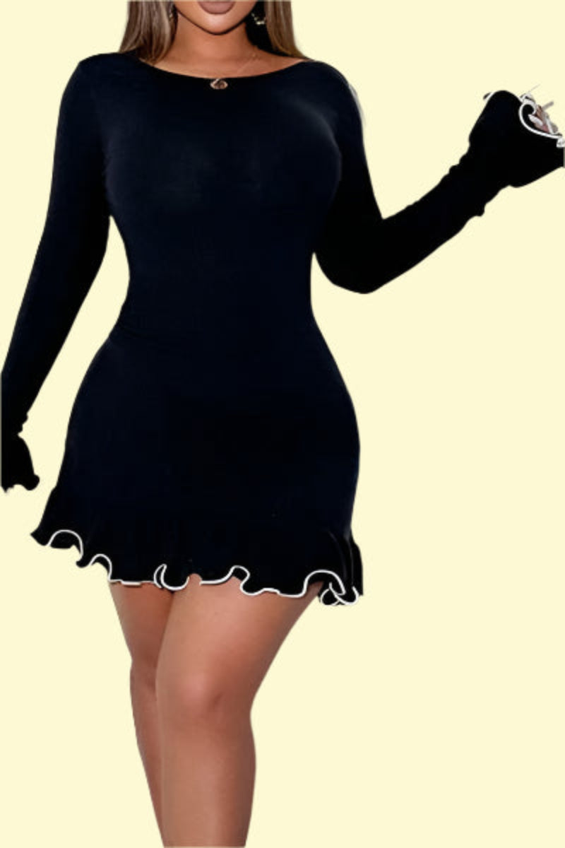 Black ruffle trim mini dress for night out