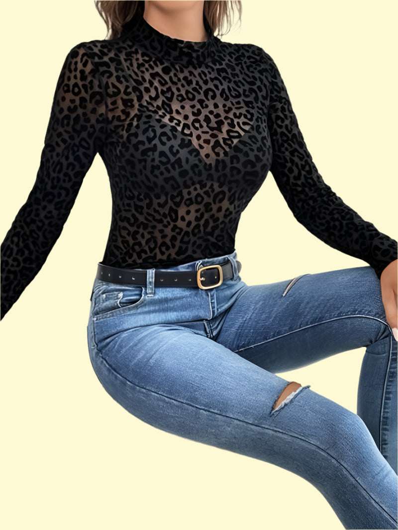 Black see-through leopard print top for women