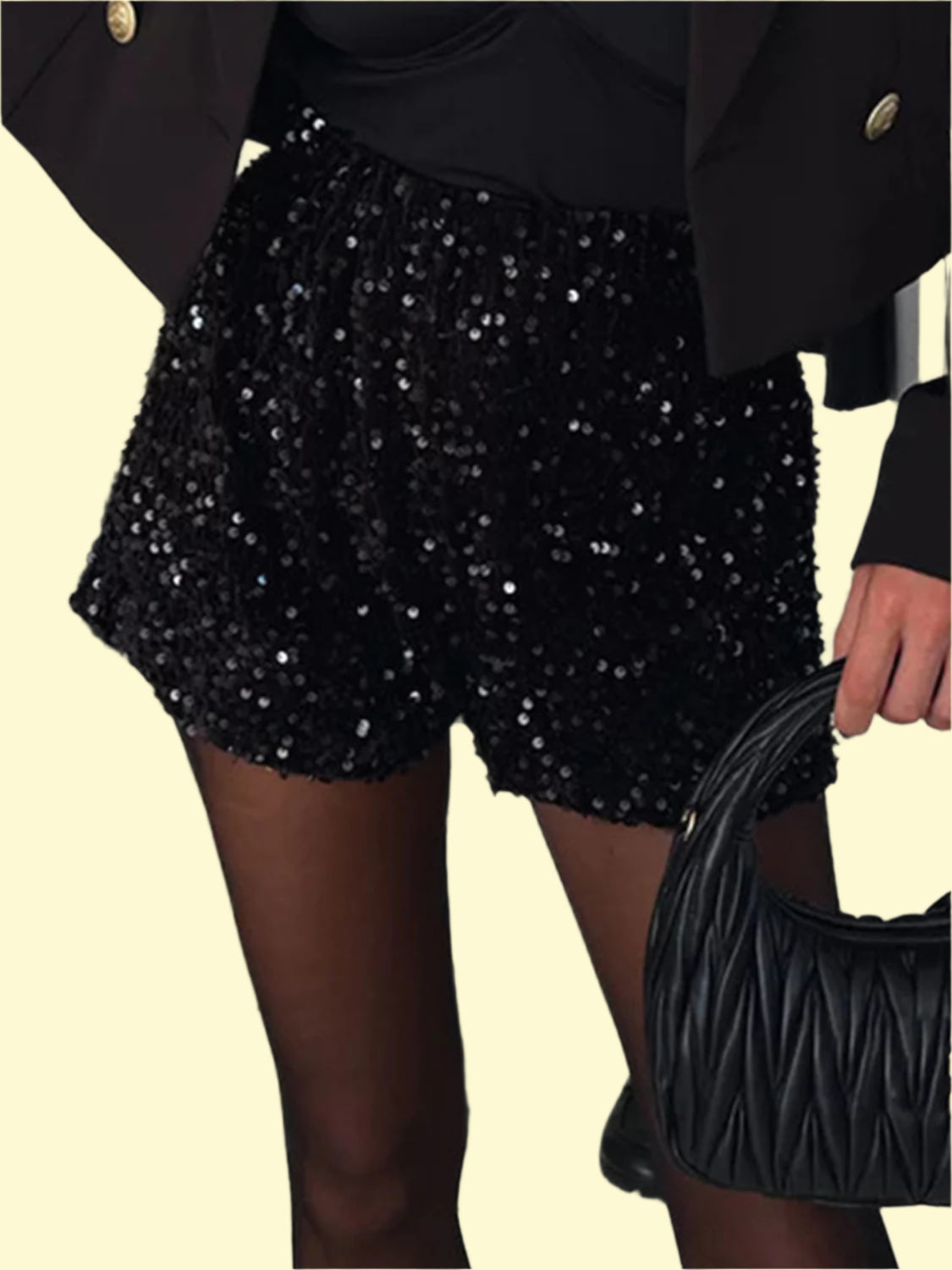 Black sequin mid-rise shorts for women
